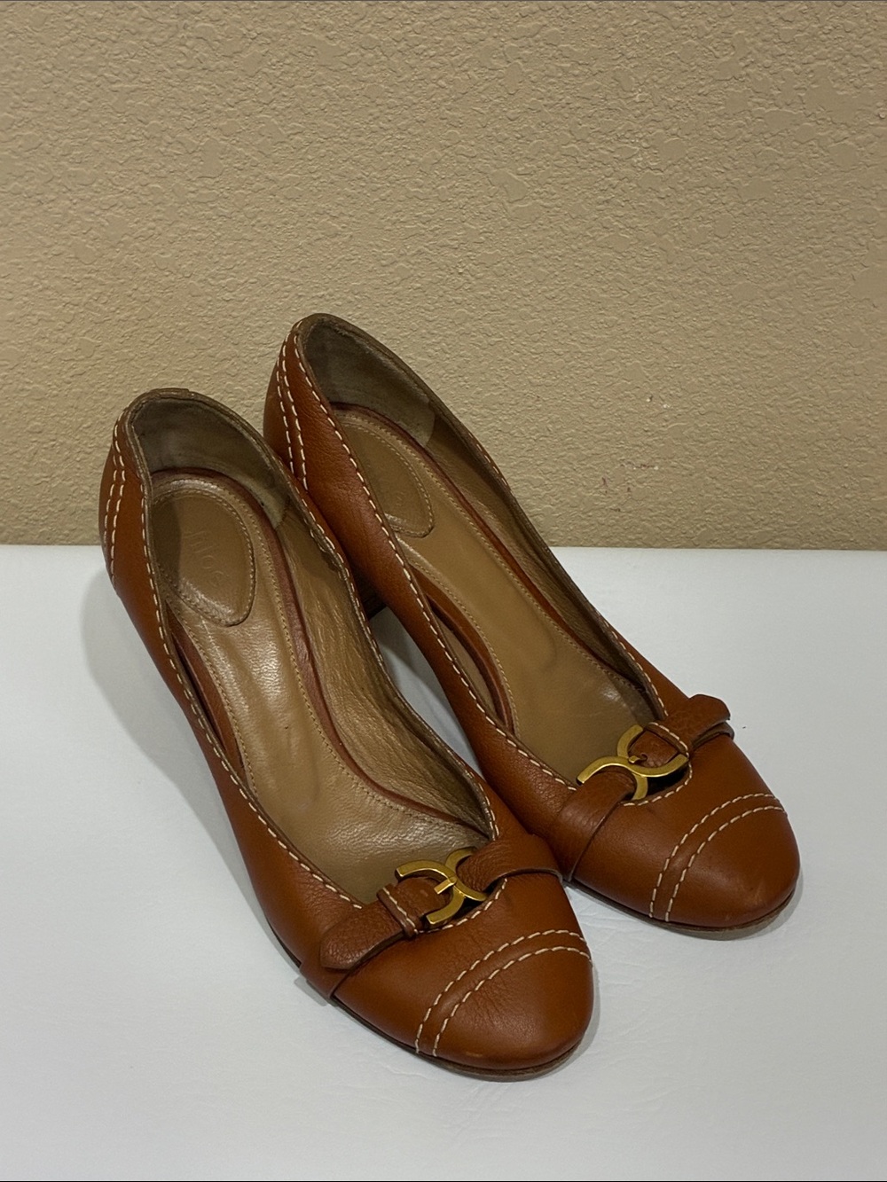 Chloe Cognac Leather Heels with Gold Buckle